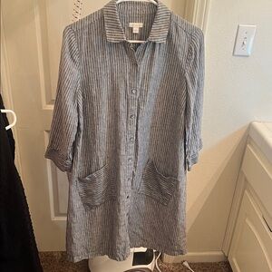 J. Jill Love Linen Casual Striped Midi Shirtdress in Blue and White